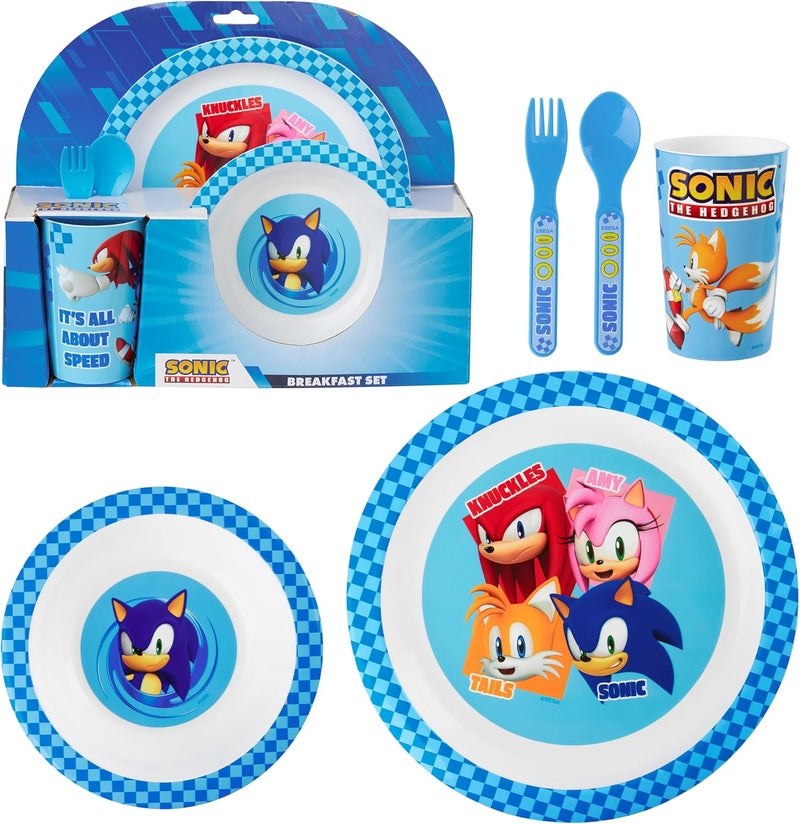 Get Trend Sonic the Hedgehog Dinnerware Sets for Kids, 5 Pc Tableware, Plate, Bowl, Cup, Spoon, Fork, Plates and Bowls Set, Gifts for Kids (Blue Sonic The Hedgehog) - Image 1